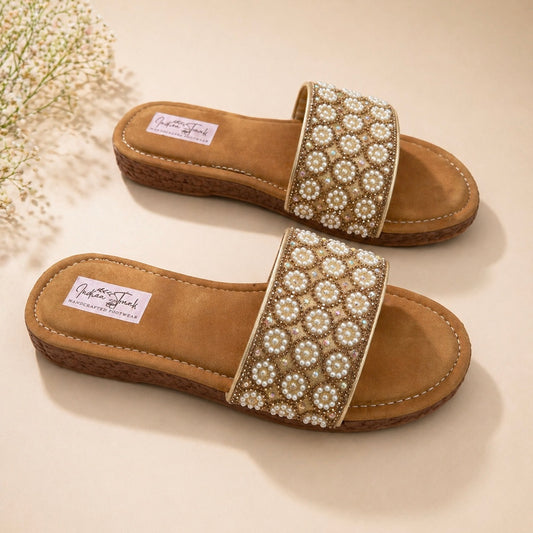 Cloud Comfort Pearl Embellished Slip-On Sandals – Beige Cushion Flats