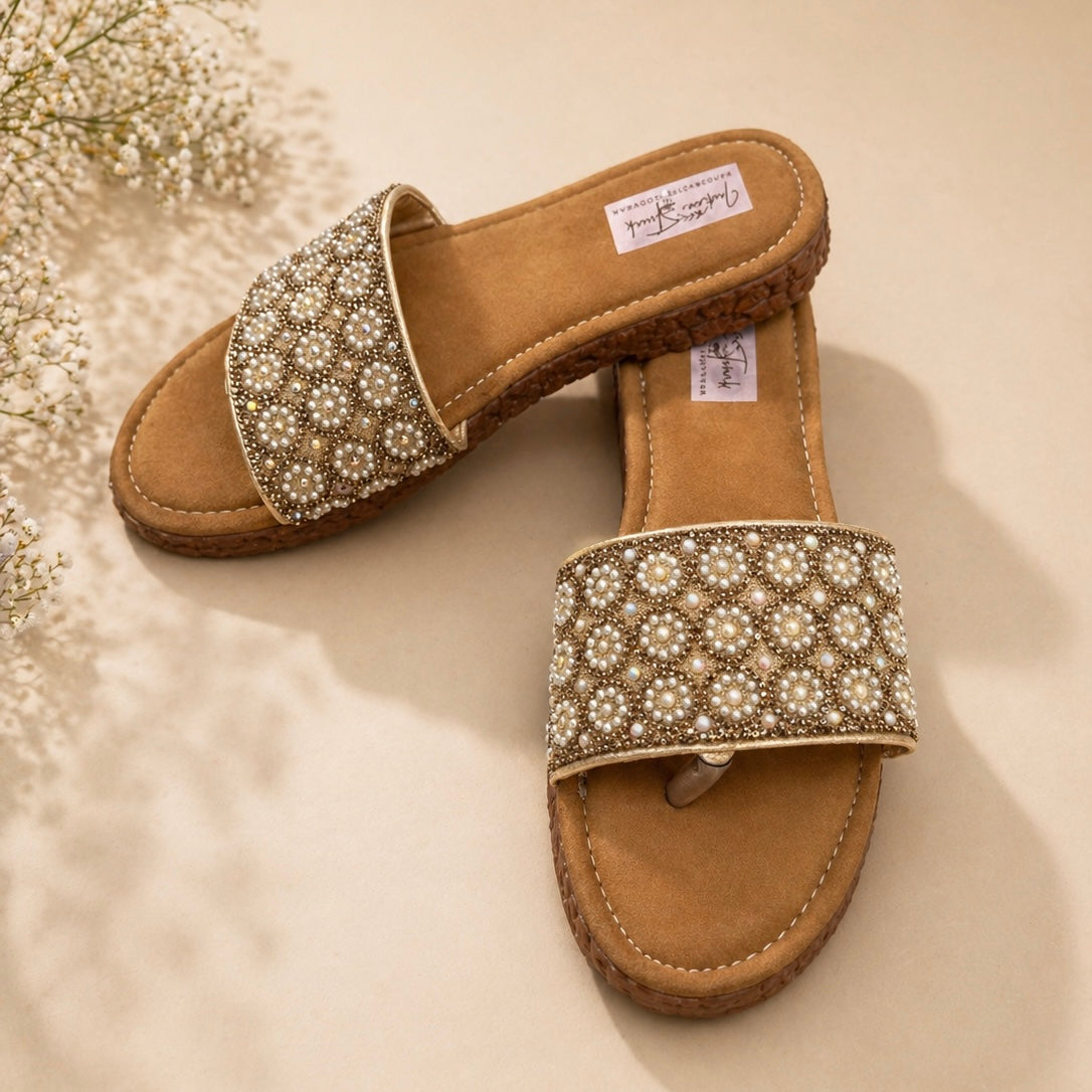 Cloud Comfort Pearl Embellished Slip-On Sandals – Beige Cushion Flats
