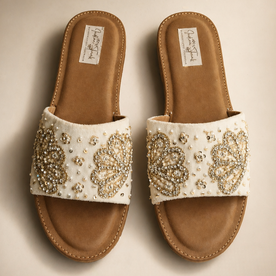 Ivory Beaded Sequin Embellished Slide Sandals