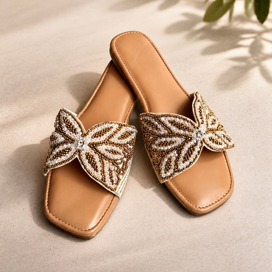Gold Beaded Butterfly Embellished Slide Sandals
