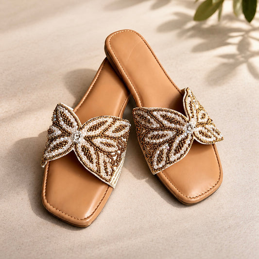 Gold Beaded Butterfly Embellished Slide Sandals
