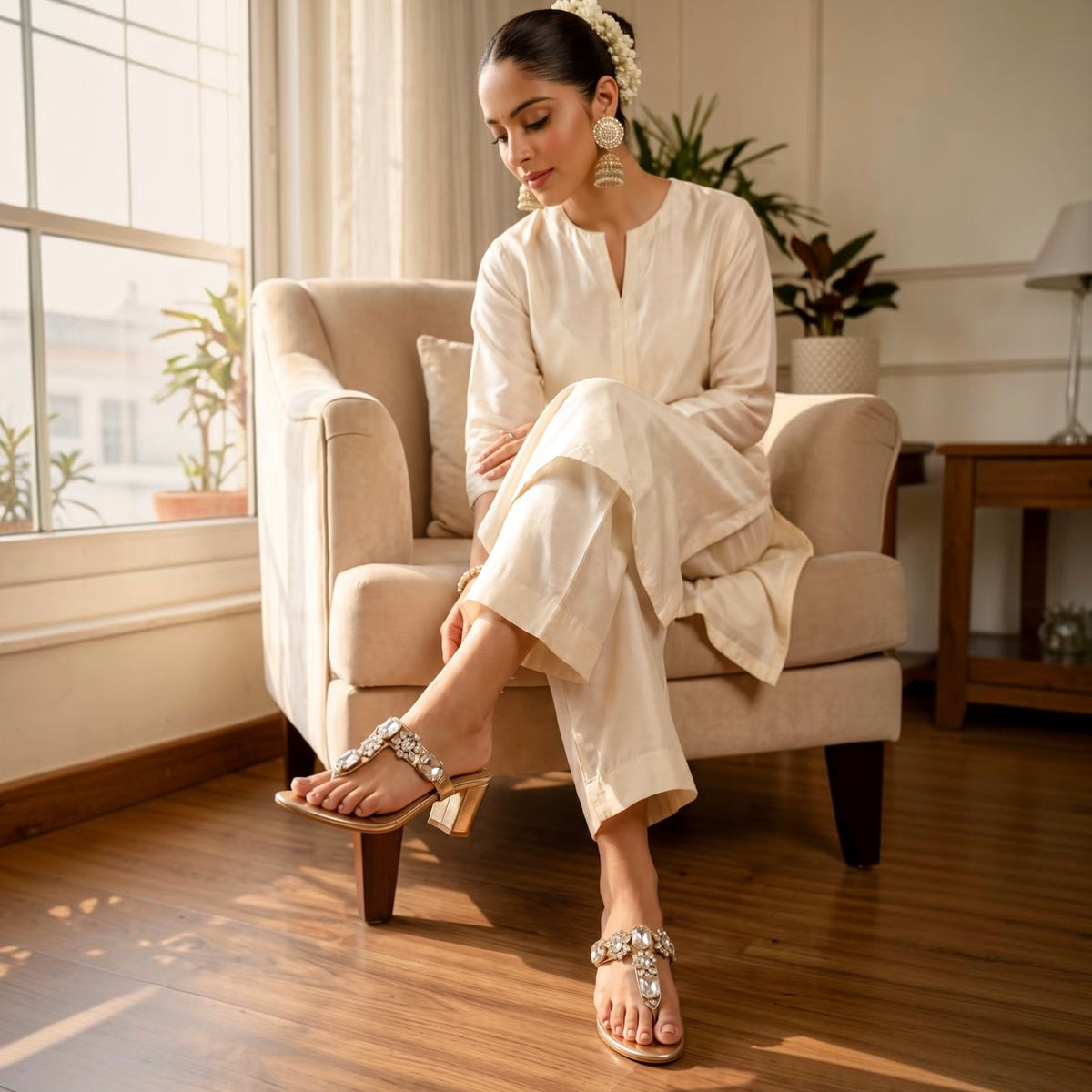 A woman sits in a beige armchair in a bright room, wearing a light cream kurta and matching trousers with embellished heeled sandals. The scene is styled with indoor plants, a wooden floor, and warm natural light from a window.